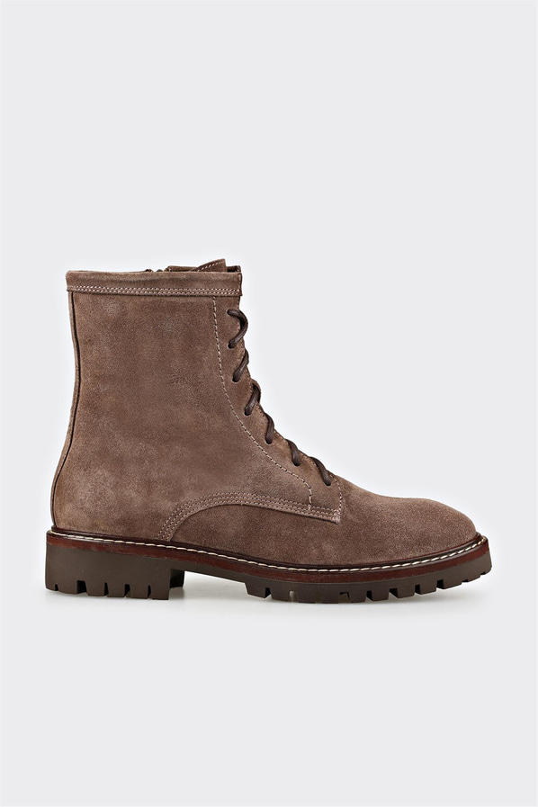 Vizon kahverengi deri ve süet yan fermuarlı kadın bot, rahat kullanım için - Elle Shoes