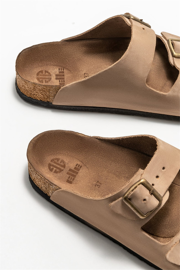 Vizon deri kadın düz terlik - Elle Shoes