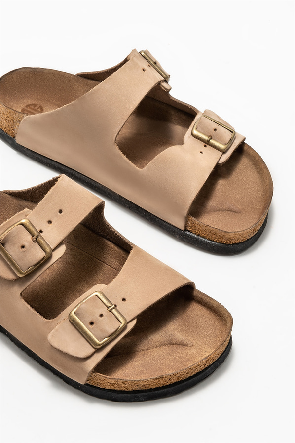 Vizon deri kadın düz terlik - Elle Shoes