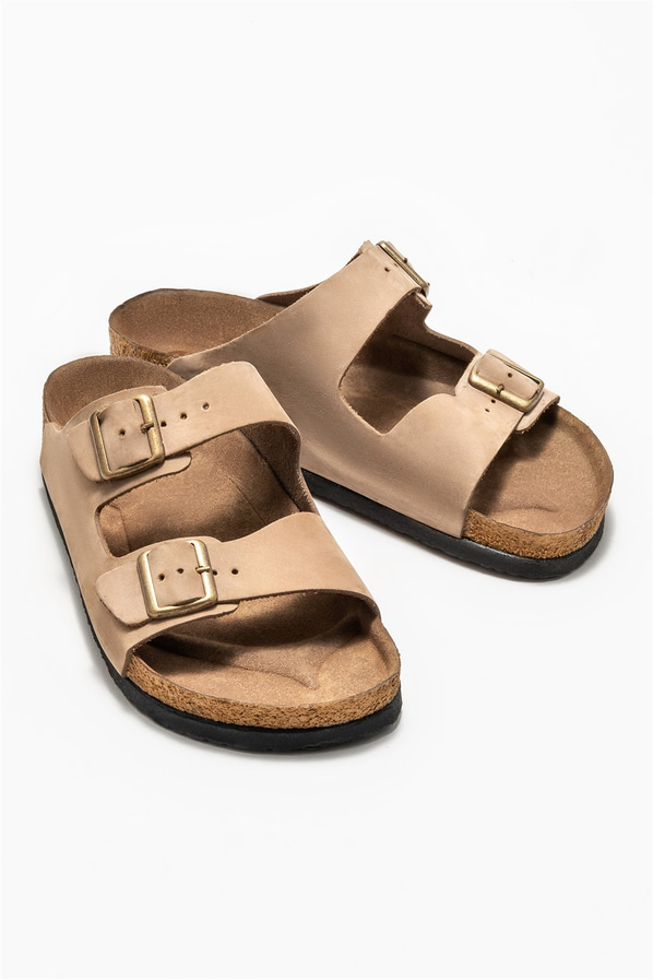 Vizon deri kadın düz terlik - Elle Shoes