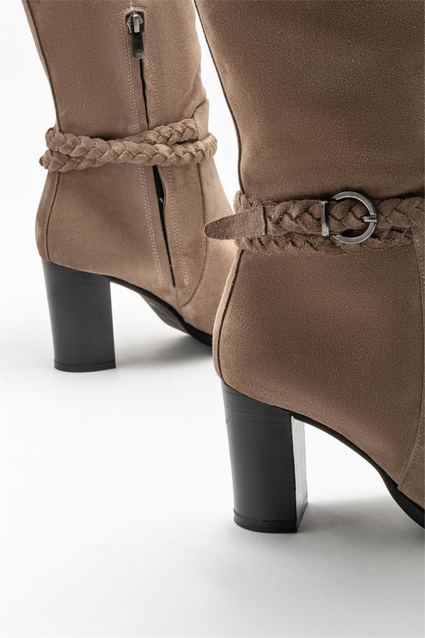 Vizon deri topuklu kadın çizme - Elle Shoes