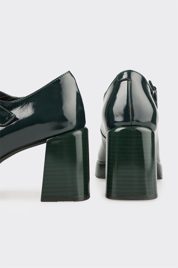 Yeşil deri kalın topuklu kadın ayakkabı, ofis stili için - Elle Shoes