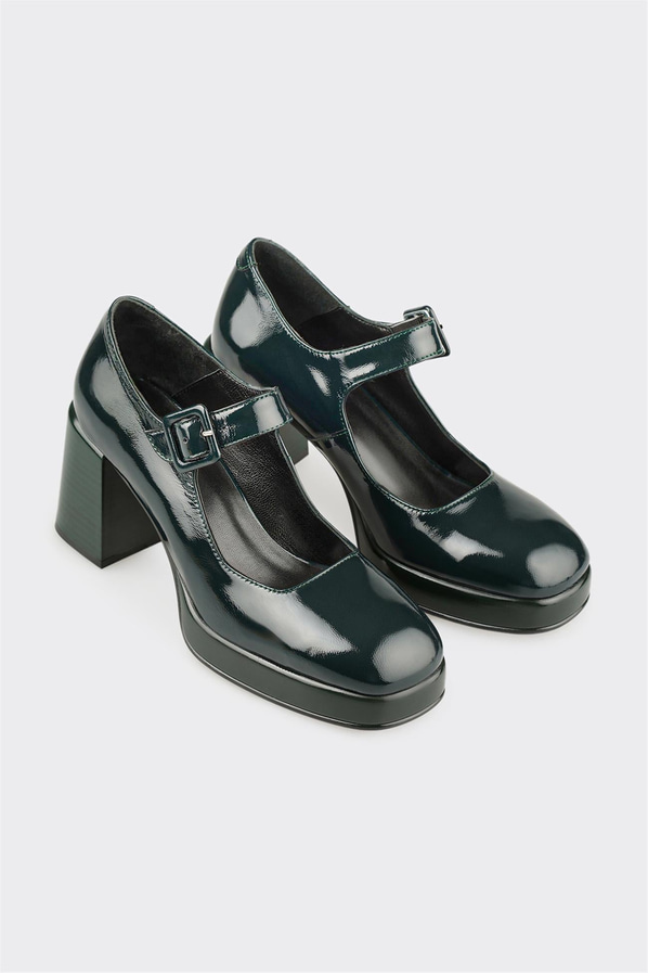 Yeşil deri kalın topuklu kadın ayakkabı, ofis stili için - Elle Shoes