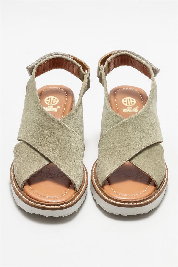 Yeşil deri dolgu topuklu kadın sandalet - Elle Shoes