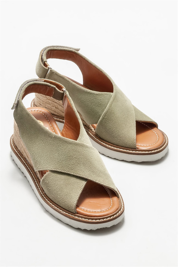 Yeşil deri dolgu topuklu kadın sandalet - Elle Shoes