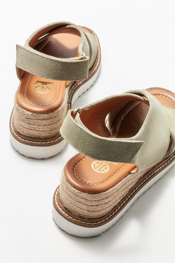 Yeşil deri dolgu topuklu kadın sandalet - Elle Shoes