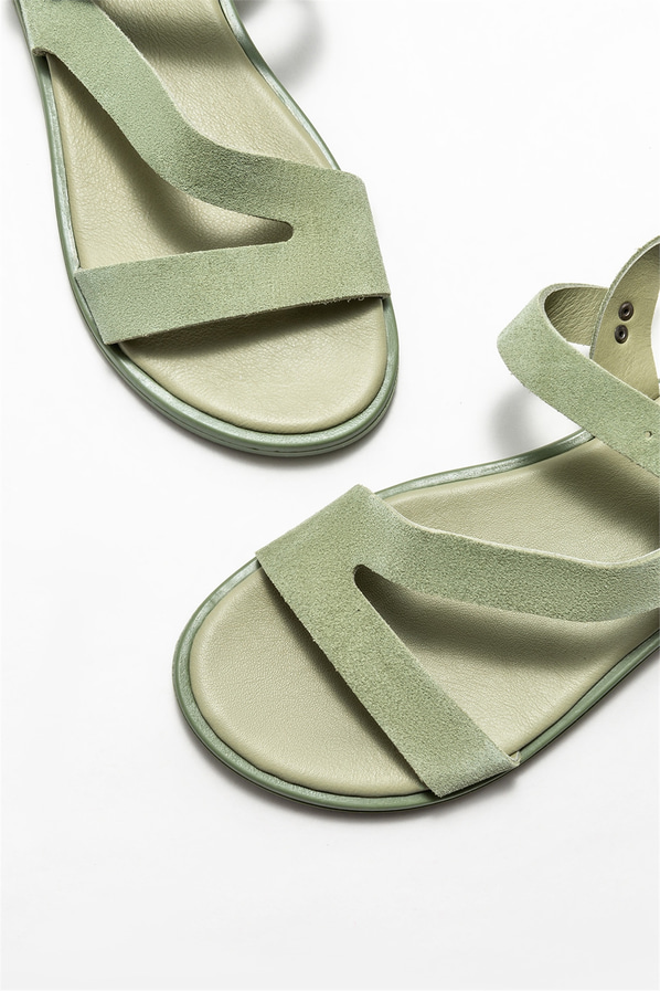 Yeşil deri düz kadın sandalet - Elle Shoes