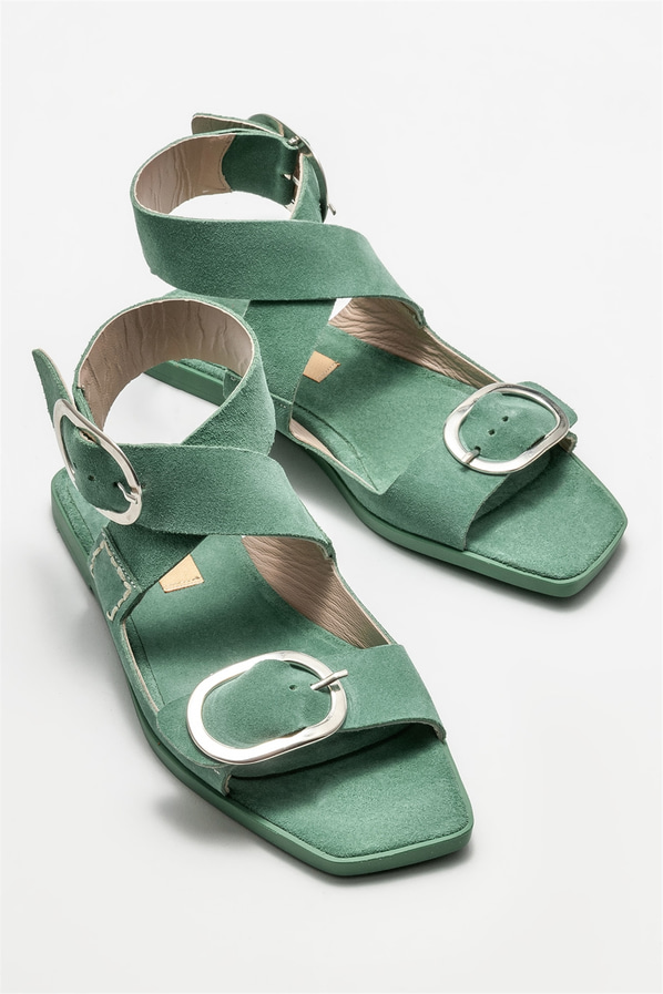 Yeşil deri düz kadın sandalet - Elle Shoes