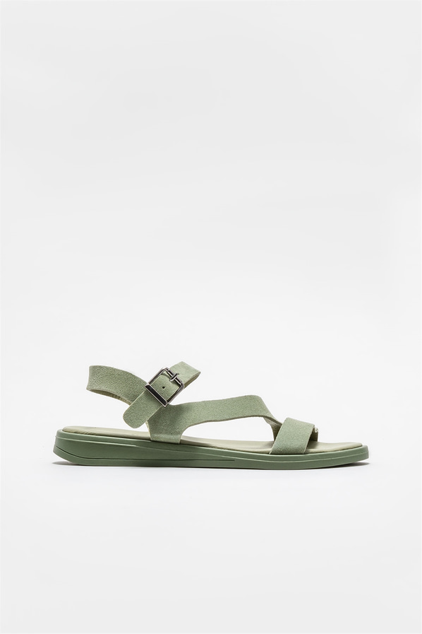 Yeşil deri düz kadın sandalet - Elle Shoes