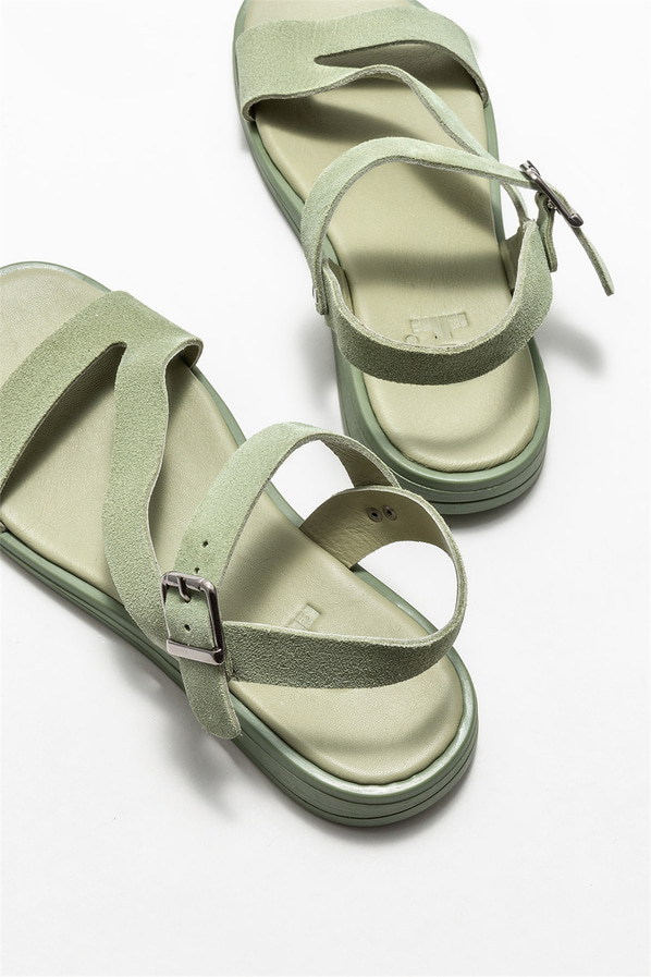 Yeşil deri düz kadın sandalet - Elle Shoes