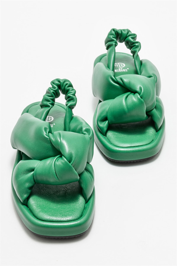 Yeşil deri düz kadın sandalet - Elle Shoes