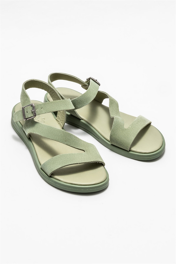 Yeşil deri düz kadın sandalet - Elle Shoes
