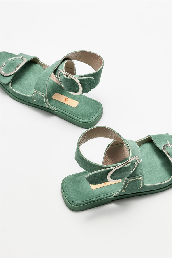 Yeşil deri düz kadın sandalet - Elle Shoes
