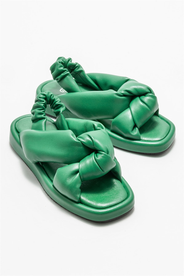 Yeşil deri düz kadın sandalet - Elle Shoes