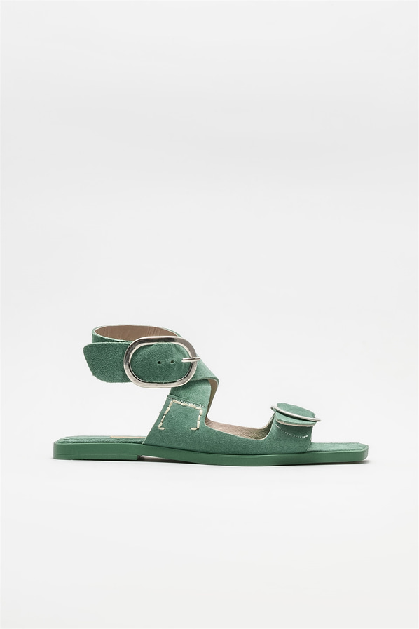 Yeşil deri düz kadın sandalet - Elle Shoes