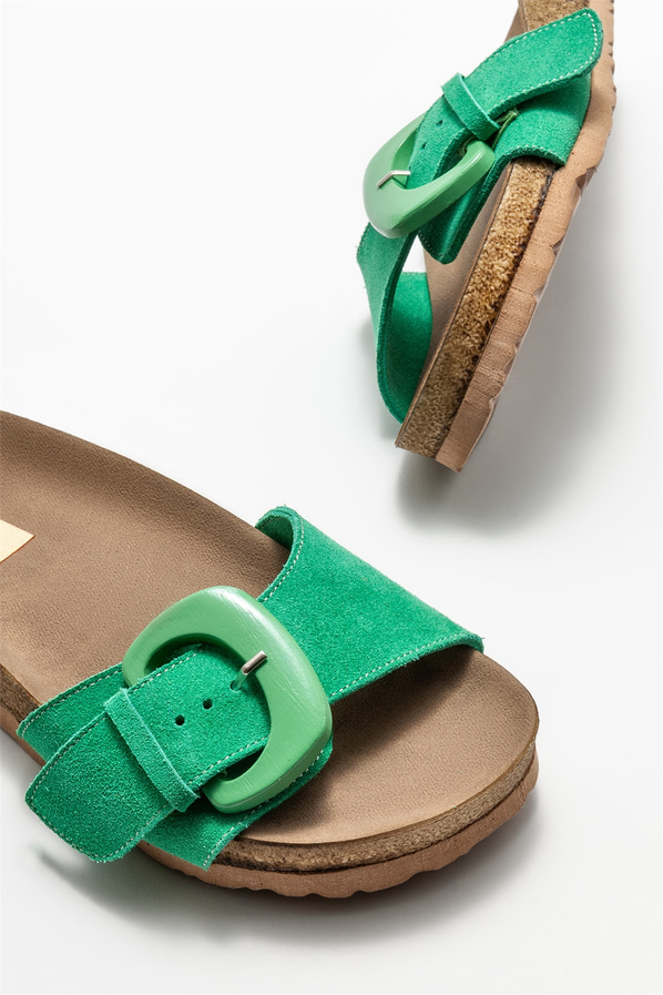 Yeşil deri düz kadın terlik - Elle Shoes