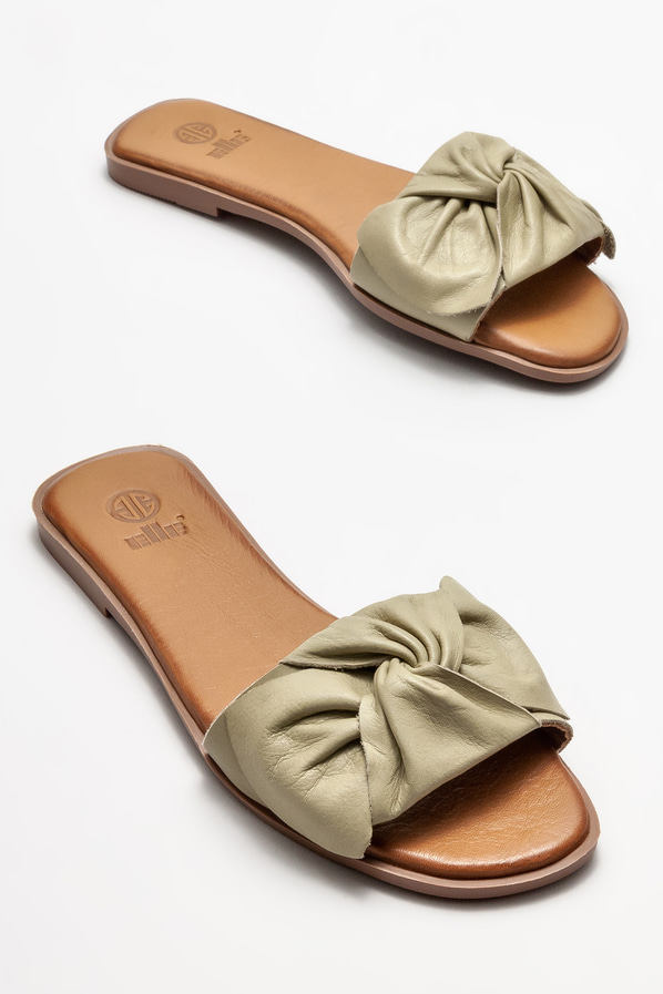 Yeşil deri düz kadın terlik - Elle Shoes