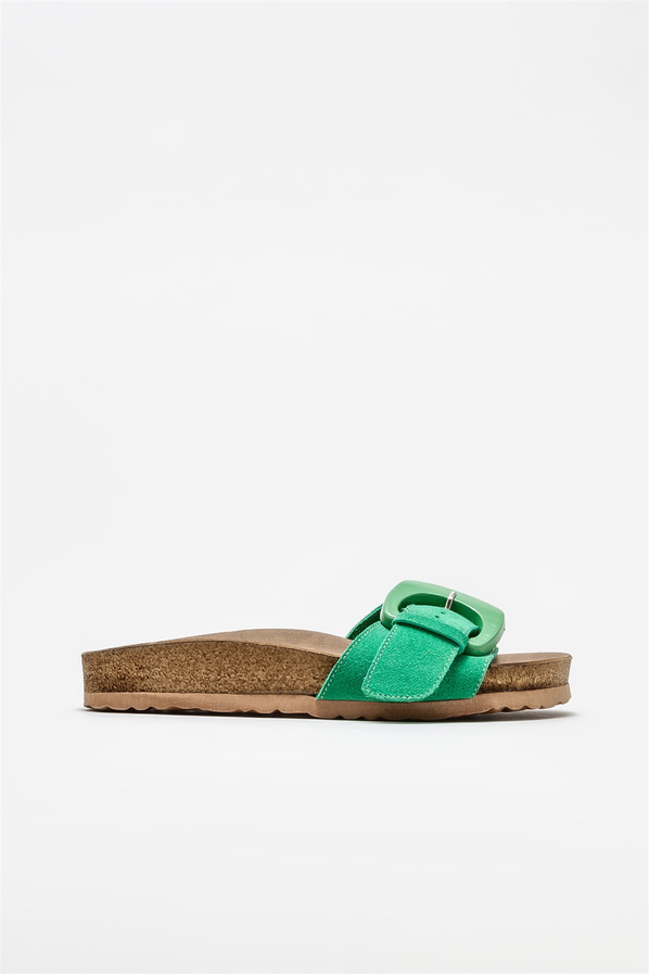 Yeşil deri düz kadın terlik - Elle Shoes