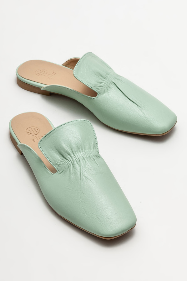 Yeşil deri düz kadın terlik - Elle Shoes