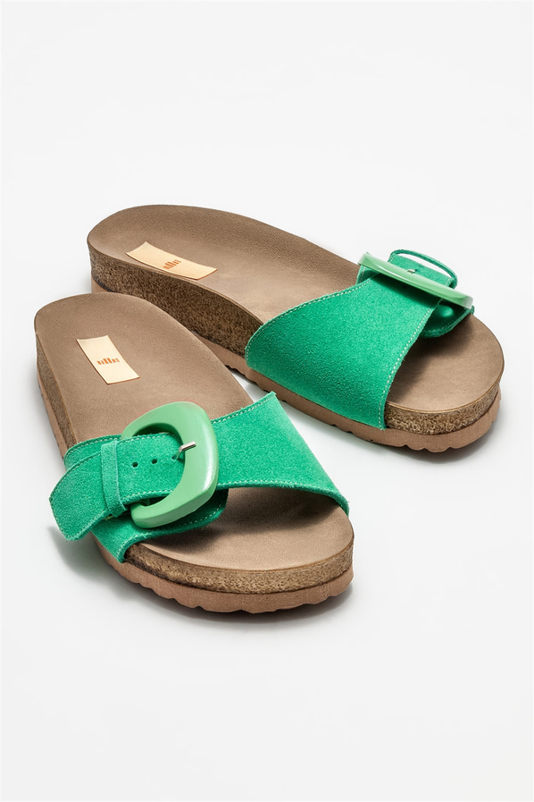 Yeşil deri düz kadın terlik - Elle Shoes