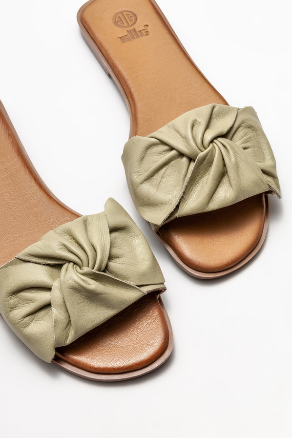Yeşil deri düz kadın terlik - Elle Shoes