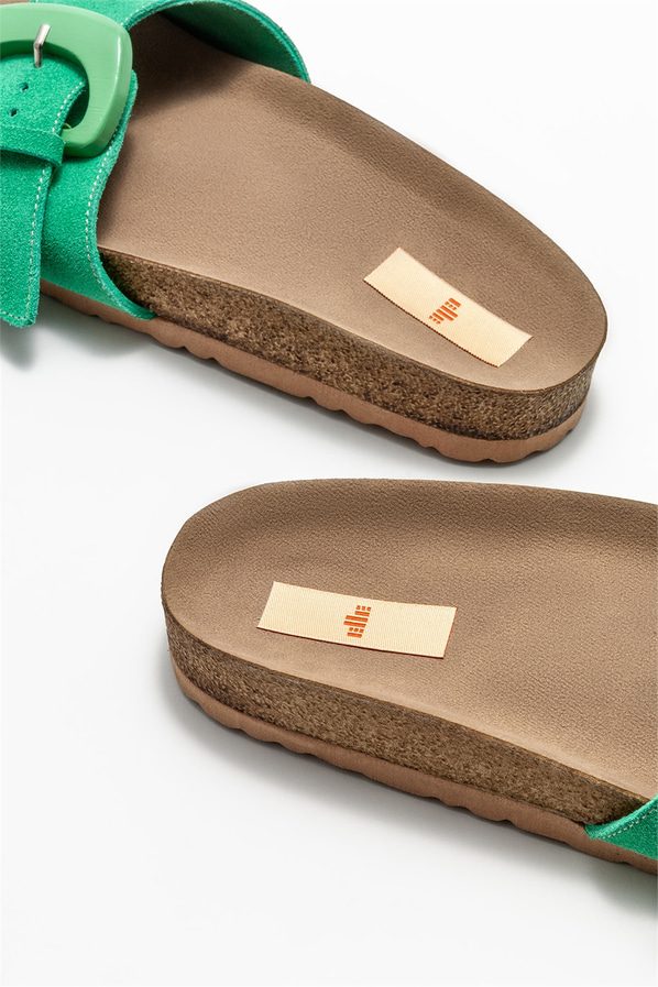 Yeşil deri düz kadın terlik - Elle Shoes