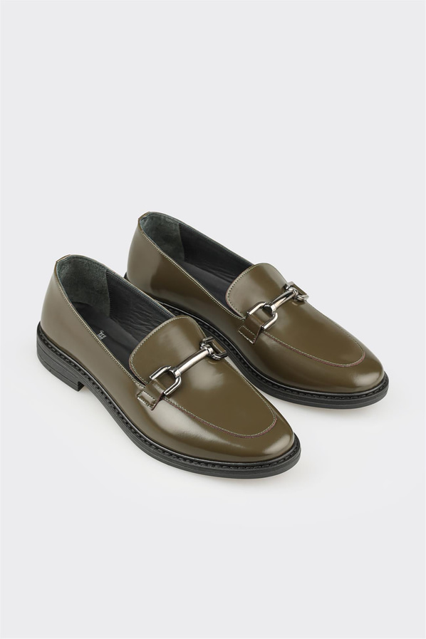 Yeşil deri örgü dokulu kadın loafer, ofis stili için - Elle Shoes