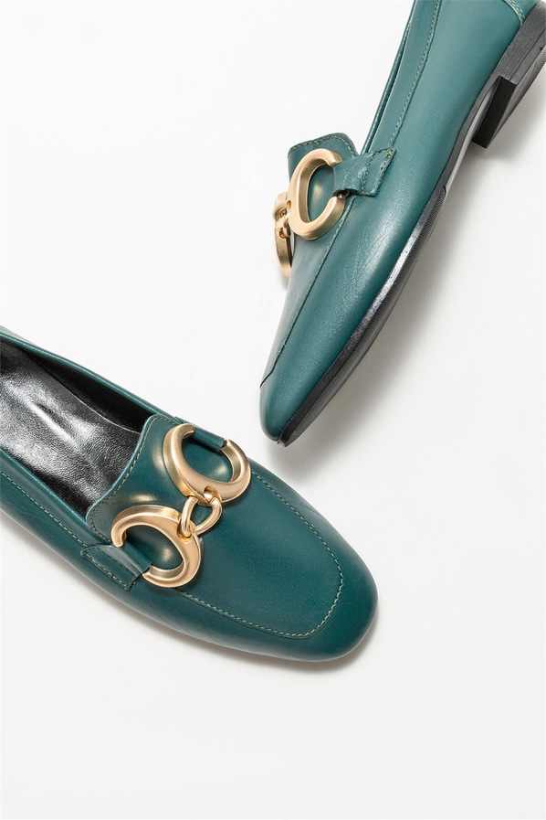 Yeşil deri kadın loafer - Elle Shoes
