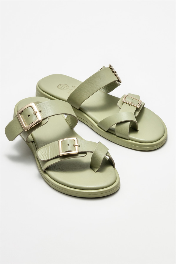 Yeşil deri kadın terlik - Elle Shoes