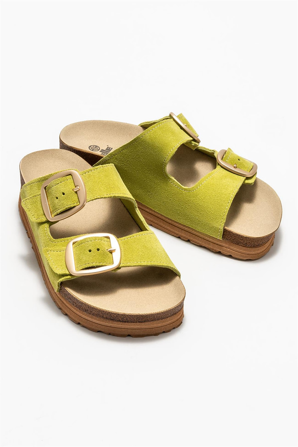 Yeşil deri simli kadın düz terlik, rahat kullanım için - Elle Shoes