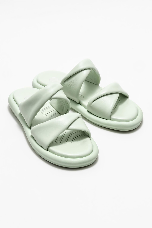 Yeşil deri kadın düz terlik - Elle Shoes