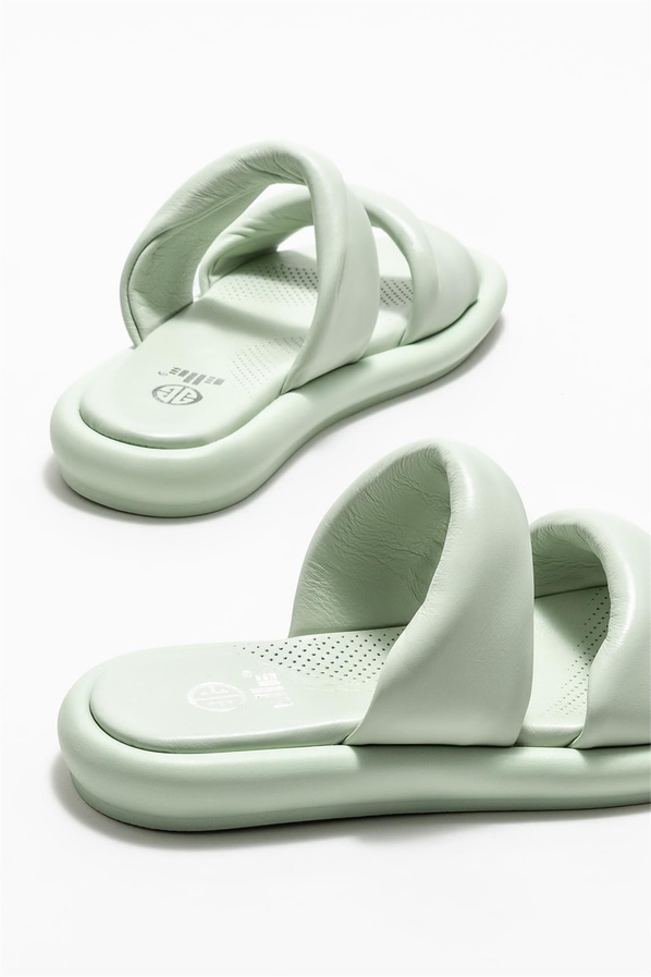 Yeşil deri kadın düz terlik - Elle Shoes