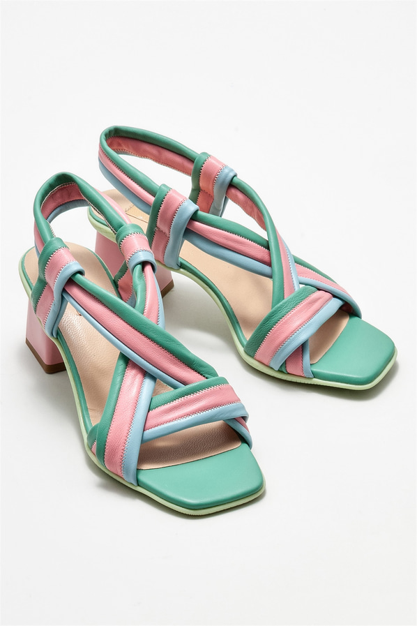 Yeşil deri topuklu kadın sandalet - Elle Shoes