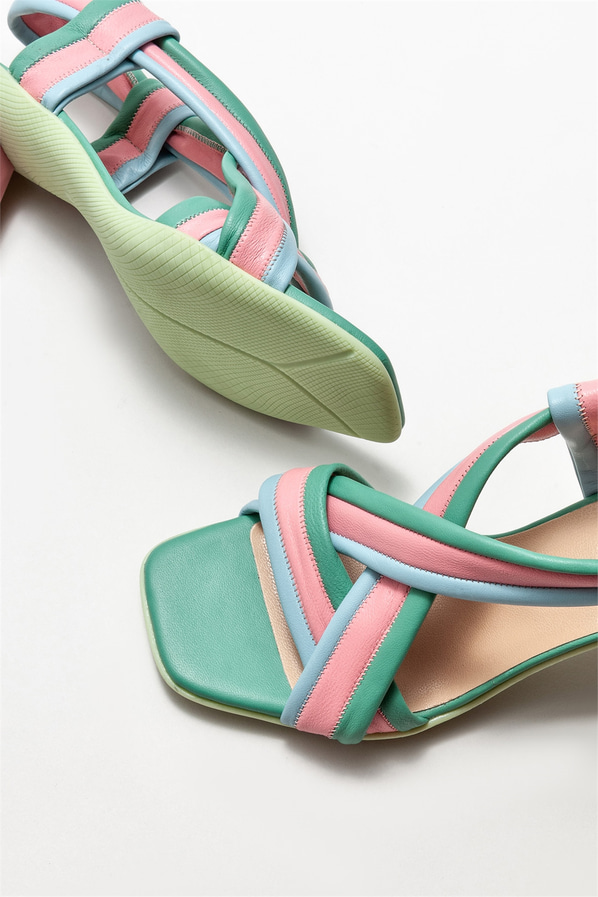 Yeşil deri topuklu kadın sandalet - Elle Shoes