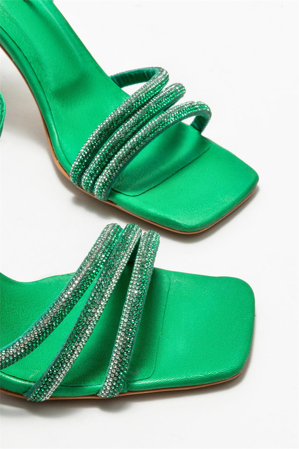 Yeşil simli topuklu kadın sandalet - Elle Shoes