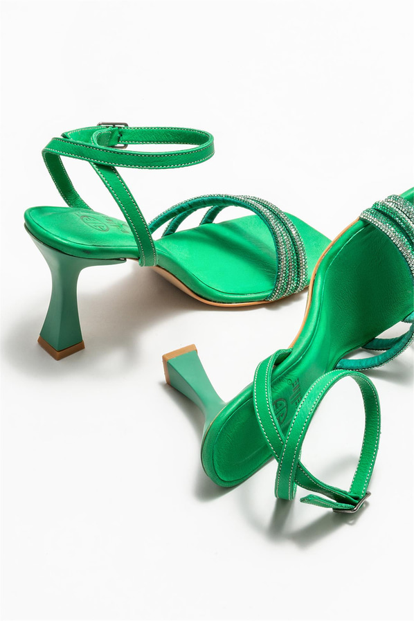 Yeşil simli topuklu kadın sandalet - Elle Shoes