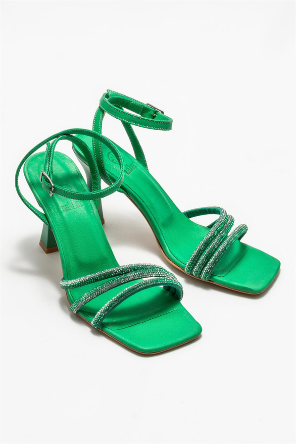 Yeşil simli topuklu kadın sandalet - Elle Shoes