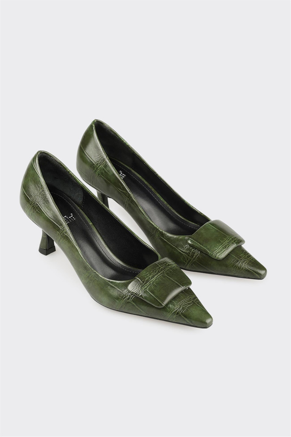 Yeşil sivri burunlu dolgu topuklu kadın ayakkabı, ofis stili için - Elle Shoes
