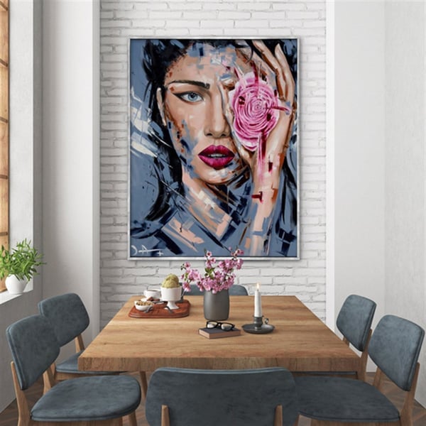 Blue Eyes Pink Rose - Yağlı Boya Dokulu Tablo