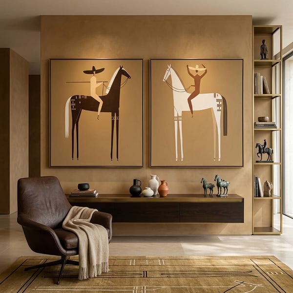 Bozkır Rüzgarı Minimalist Etnik Binici At Temalı İkili Yağlı Boya Dokulu Tablo SetiYağlı Boya Dokulu Hayvan TablolarıTablolife