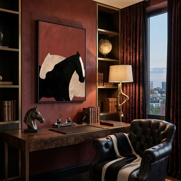 Kiremit ve Siyah Tonlu At Figürlü Yağlı Boya Dokulu TabloYağlı Boya Dokulu Hayvan TablolarıTablolife