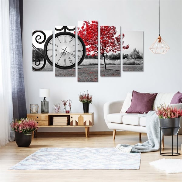 Kızıl Ağaç Saatli 5 Parçalı Kanvas TabloParçalı KanvasTablolife.com