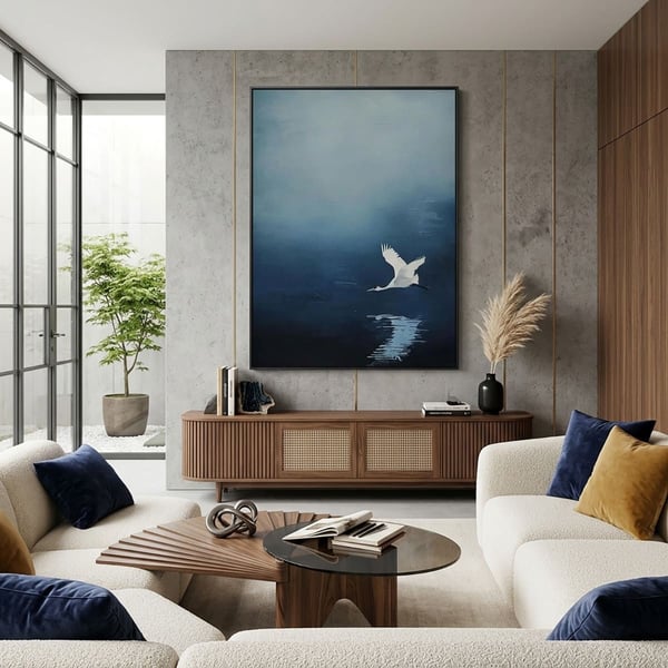 Özgür Süzülüş Mavi Tonlu Kuğu Figürlü Yağlı Boya Dokulu TabloYağlı Boya Dokulu Manzara TablolarıTablolife