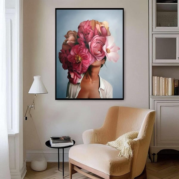 Pembe Çiçekli Kadın Yağlı Boya Dokulu TabloYağlı Boya Dokulu Kadın Temalı TablolarTablolife