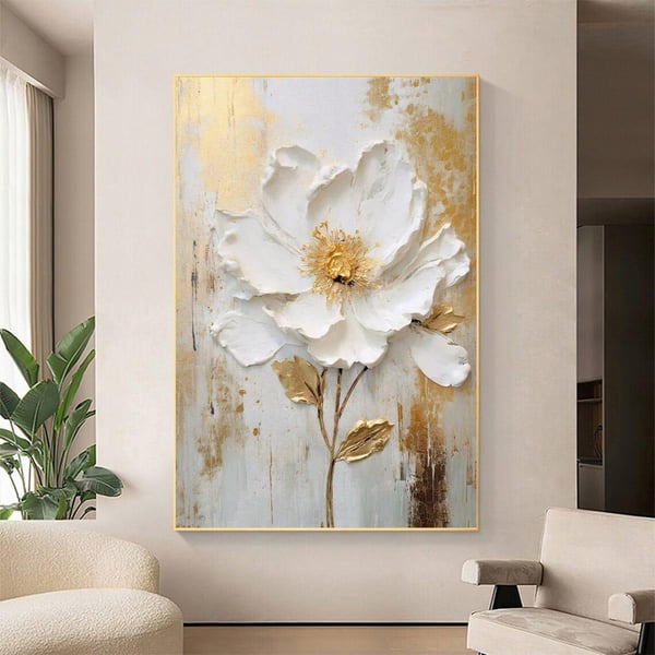 Soyut Gold Beyaz Çiçek 3D Yağlı Boya Tablo3D Yoğun Yağlı Boya TablolarTablolife
