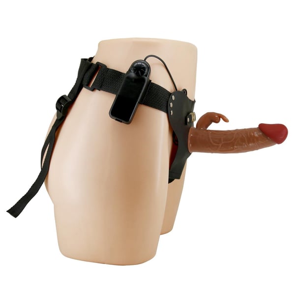 19 cm Belden Bağlamalı İçi Boş Titreşimli Testissiz Protez Melez Penis