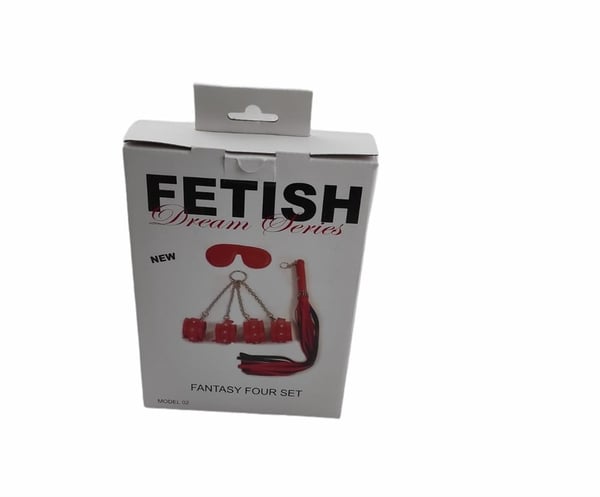 Kırmızı Fetish Fantezi Seti - 4'lü Kelepçe Kırbaç Göz Bandı