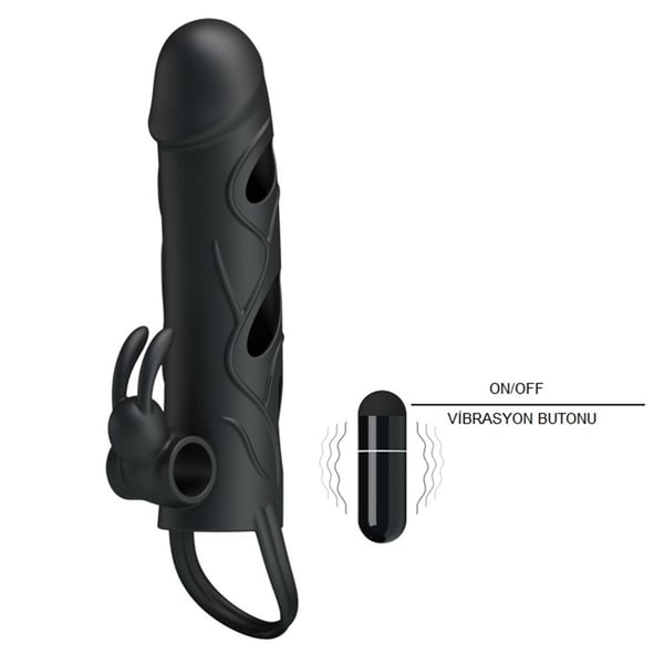 Titreşimli Klitoral Uyarıcılı Uzatmalı Penis Kılıfı Zenci Penis 14cm