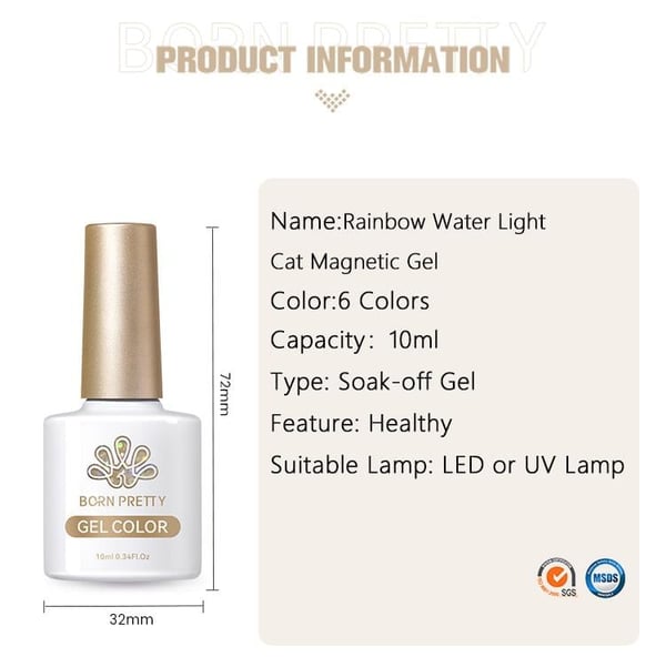 BORN PRETTY 10ml Rainbow Water Light Kedi Gözü Kalıcı Oje RW04 (59708)