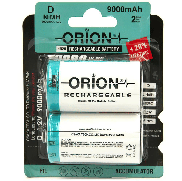 Orion D - Büyük Boy 1.2V 9000mAh Ni-MH 2'li Paket Pil 